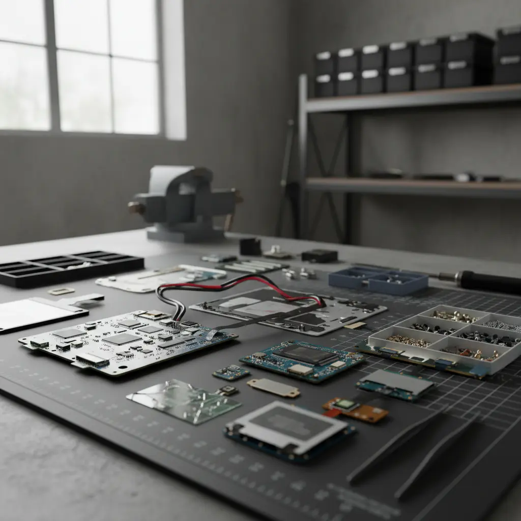 Detailed view of a disassembled electronic device on a repair mat